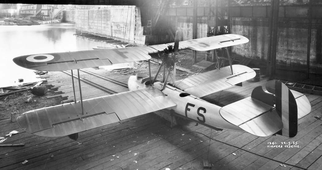 Vickers Vedette flying boat in hangar-side photograph