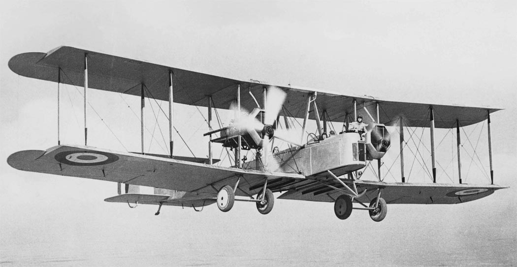 Vickers Vimy biplane bomber flying view