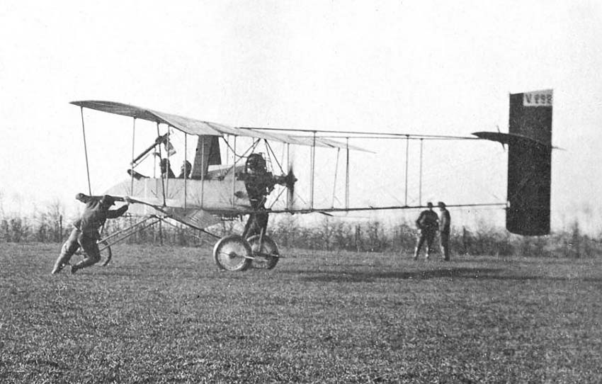 Voisin III pusher aircraft parked with personnel nearby
