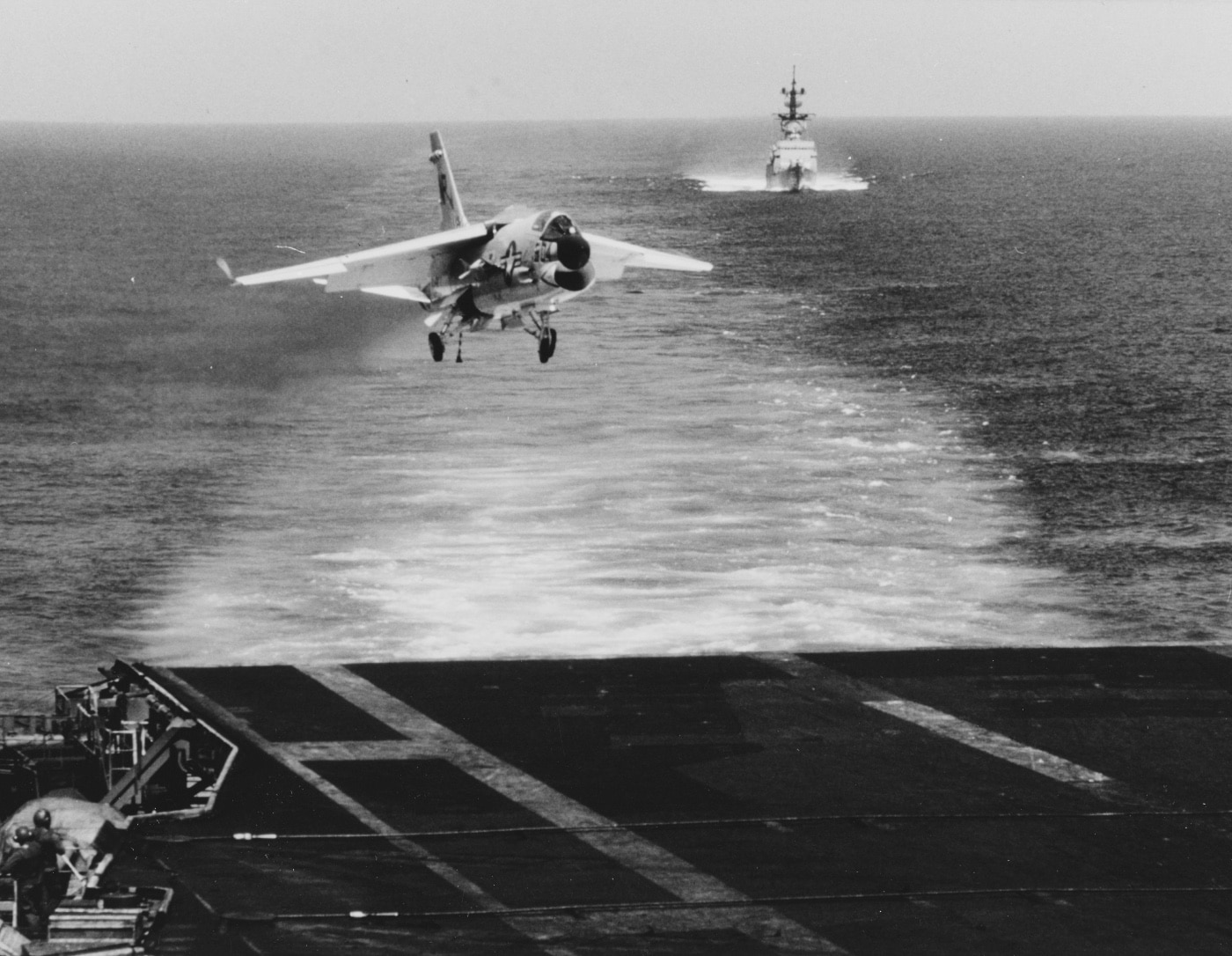 Vought F-8 Crusader - In this image, the carrier-based air superiority F-8 comes in for a landing on the USS Hancock. The fighter was able to exceed the speed ...