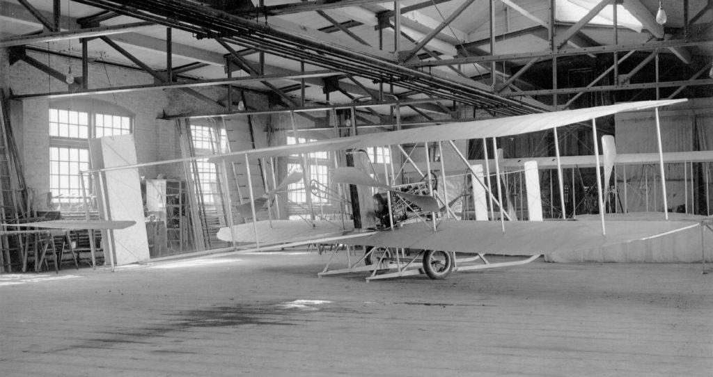 Wright Model C airplane on the factory floor