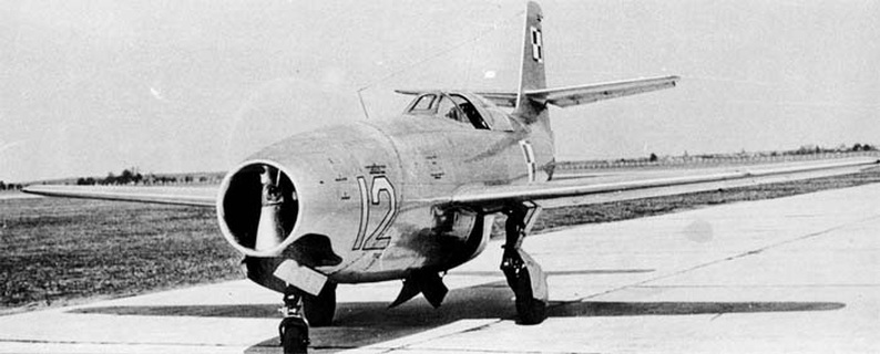 Yakovlev Yak-23 jet fighter nose-on runway view